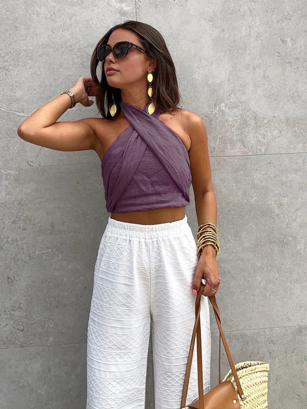 Smocked Crisscross Halter Tank Top - Purple
